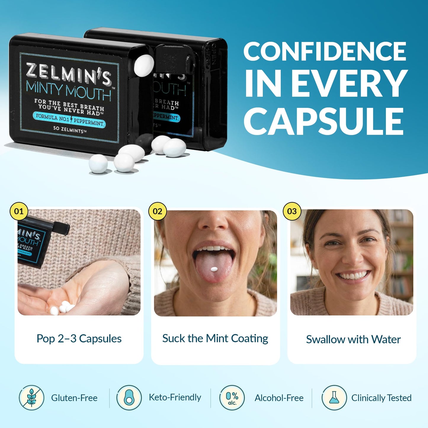 Zelmin's Minty Mouth Breath Mints - (3 Pack) Long Lasting Bad Breath Treatment for Adults, Instant Freshness Helps with Dry Mouth, Natural Breath Freshener for Travel, Alcohol-Free, Keto, Gluten-Free