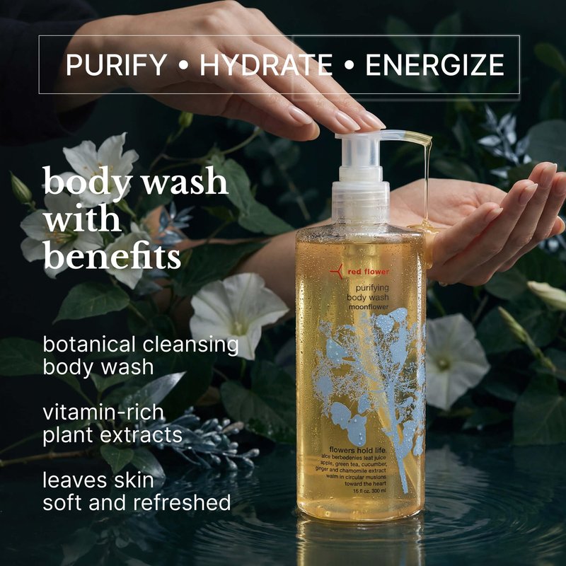 Red Flower Moonflower Purifying Body Wash – Cleanse & Hydrate Botanical Shower Gel with Organic Fruit & Leaf Extracts for Hydrated, Radiant Skin (10 oz)
