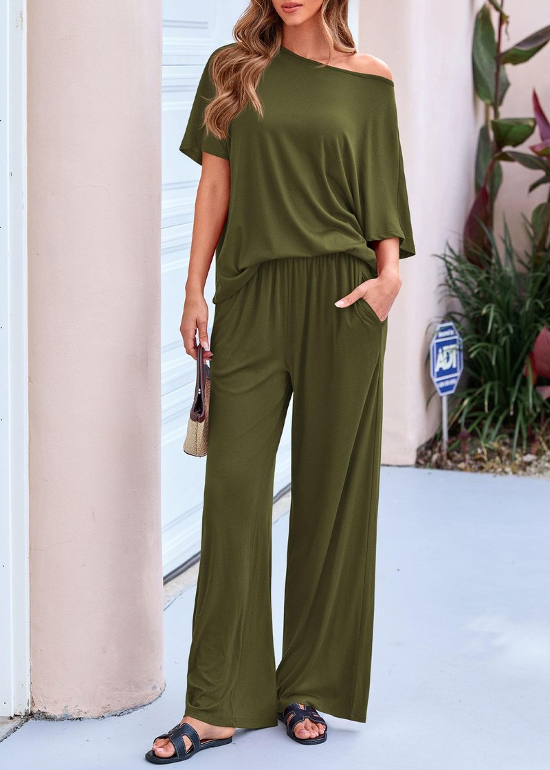 KIRUNDO Lounge Sets for Women Airport Travel Outfit 2026 Summer Off the Shoulder Tops Wide Leg Pants 2 Piece Matching Set