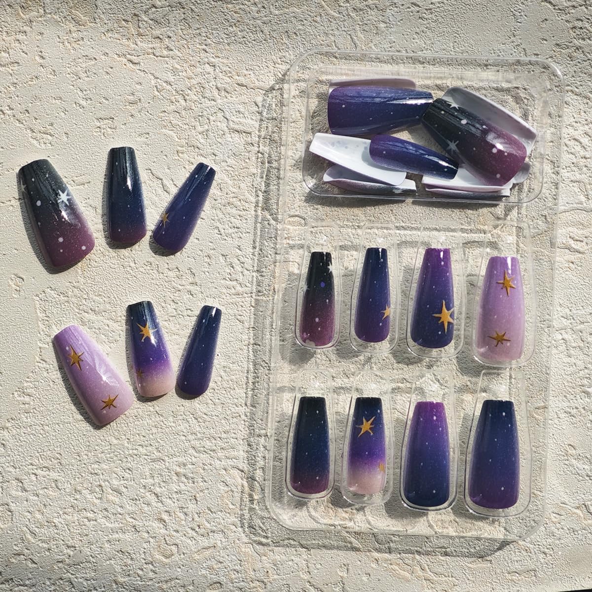 Skiennix Purple Black Ombre Coffin Press-On Nails - Medium Full Cover 24 Pcs for Stunning Manicures