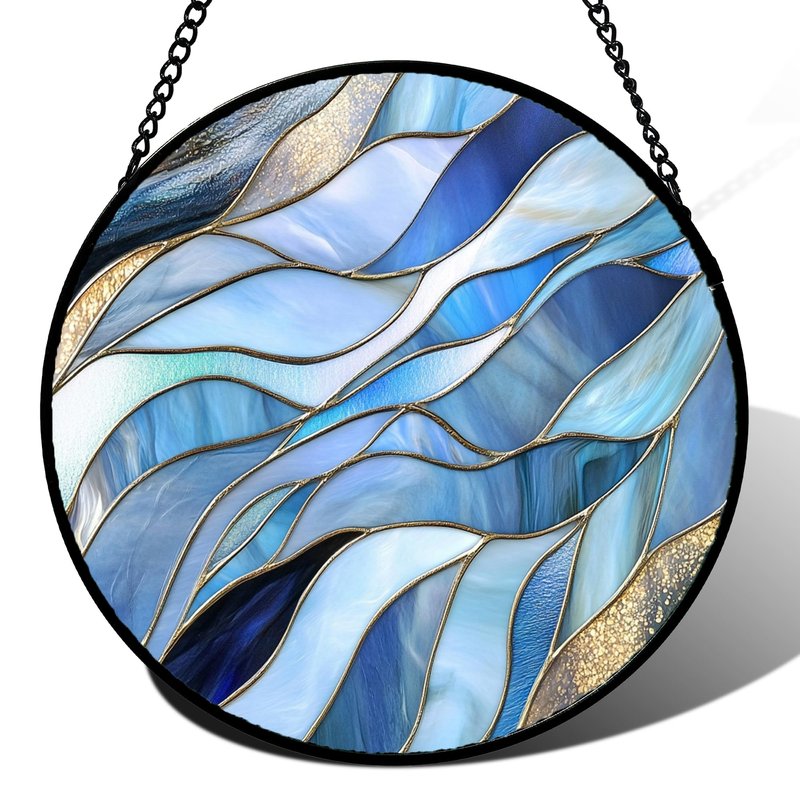 GEFOS Stained Glass Window Hanging Blue Gradient Abstract Large 15" - Suncatcher Door Garden Sunroom Sun Catcher Home Decor Housewarming Birthday for Mom Grandma Men Woman