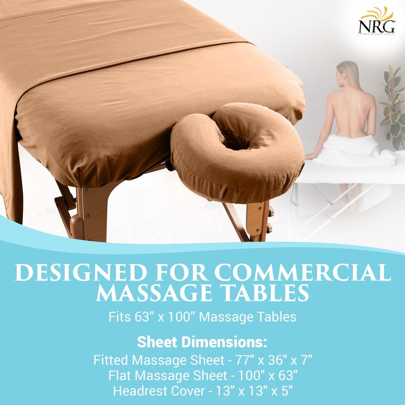 NRG Cotton Poly Massage Table Sheet Set 3 Piece Set - Face Cradle Cover, Flat Sheet and Fitted Sheet - 175 Thread Count - Soft, Durable 50/50 Cotton Poly Blend - Color: Java