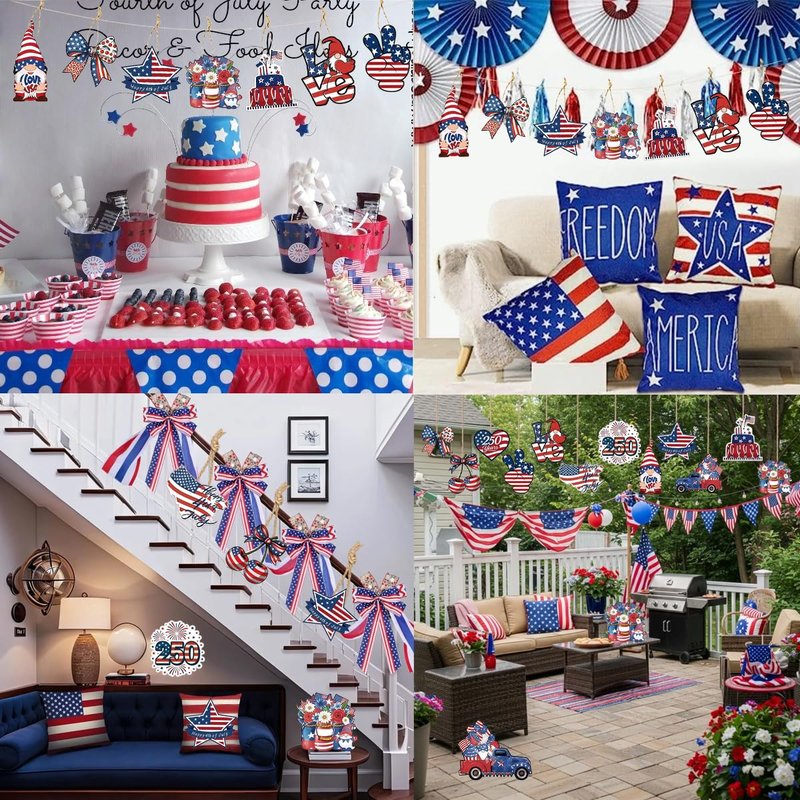 PODUOJIEYI 12 Pcs 4th of July Wooden Ornaments, 250th Anniversary Patriotic Hanging Ornaments, American Flag Themed DIY Back Decorations for Independence Day Tree Wreath Party Supplies