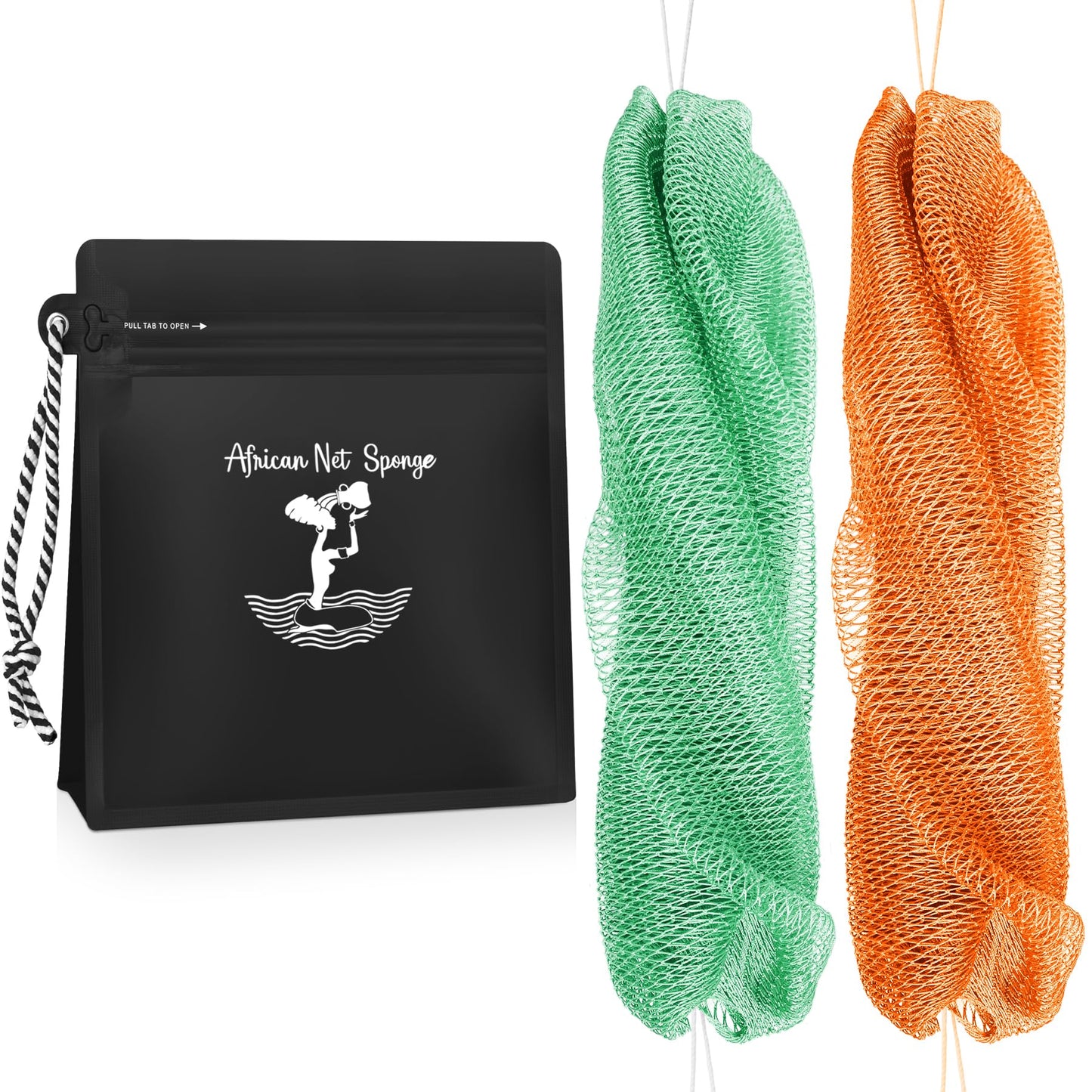 African Net Sponge Authentic - Afro Scrub Exfoliating Net Sponges with Knots - Real African Bath Sponge Washcloth for Shower - Body Exfoliator Scrubber (SeawaveTangerine, Count, 2.0)