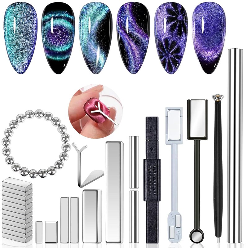 Skiennix Cat Eye Nail Magnet Tool Set - 46 Pcs Double-Head Magnets & Round Beads for DIY Manicure