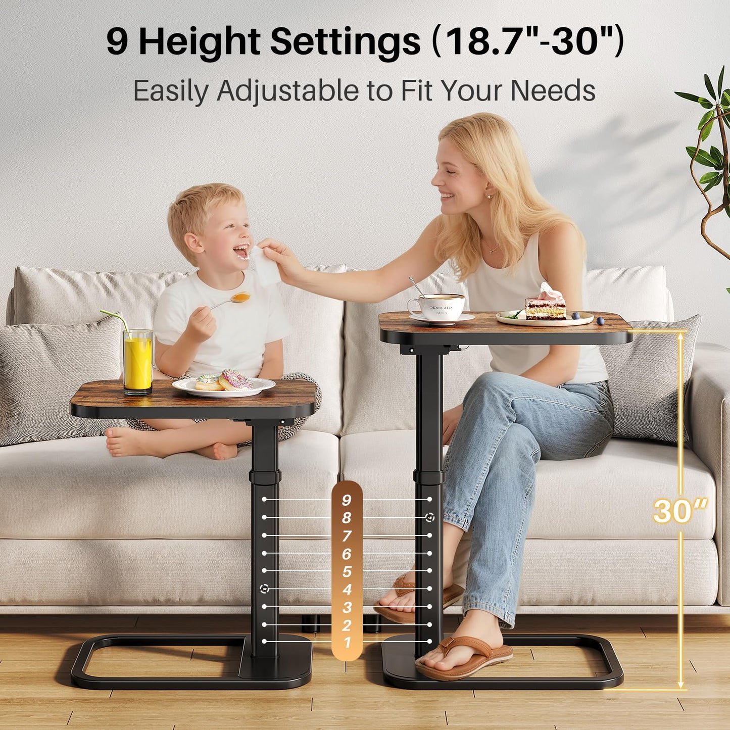 Branwick Adjustable Height TV Tray Table for Couch Eating & Small Spaces, Flip-Top Sofa Side Table with Safe Rounded Corners for Living Room, Bedroom & Apartment, Portable Laptop Snack Table, Brown