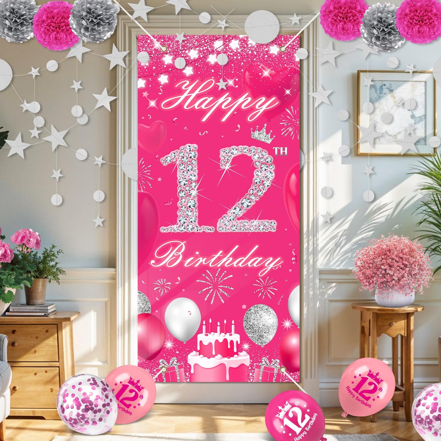 TSVATE 12th Birthday Decorations for Girls, Daughter, Pink 12 Year Old Girl Birthday Decorations, Happy 12th Birthday Banner, Backdrop, Yard, Door, Wall, Number 12 Balloon, Pompoms, Star Garland