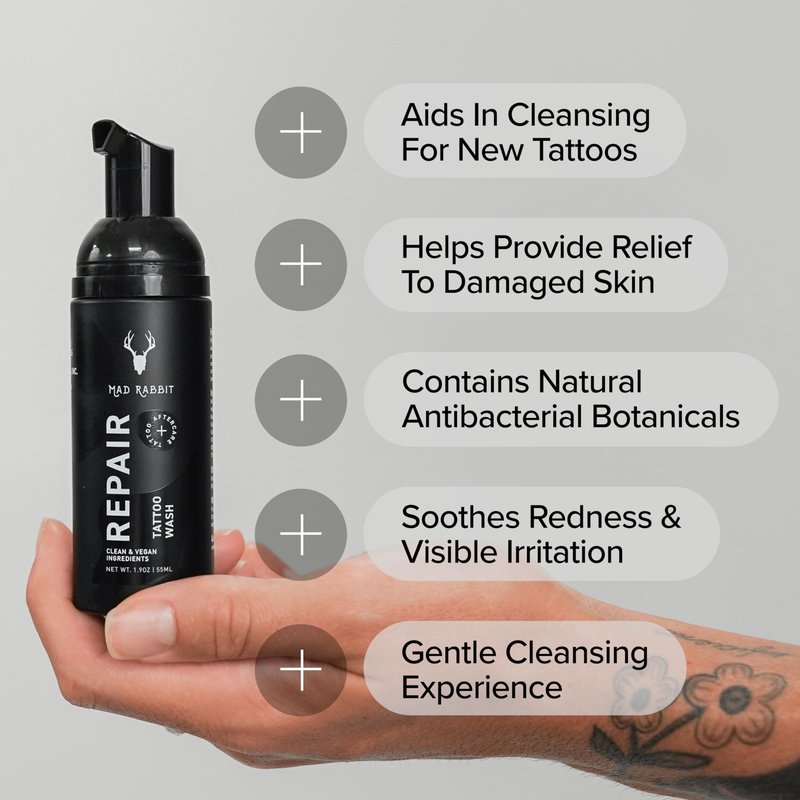 Mad Rabbit Tattoo Aftercare Soap - Tattoo Soap for New Tattoo - Fragrance Free Tattoo Foam Wash - Unscented Tattoo Cleaner Made with Clean + Vegan Ingredients, 2oz