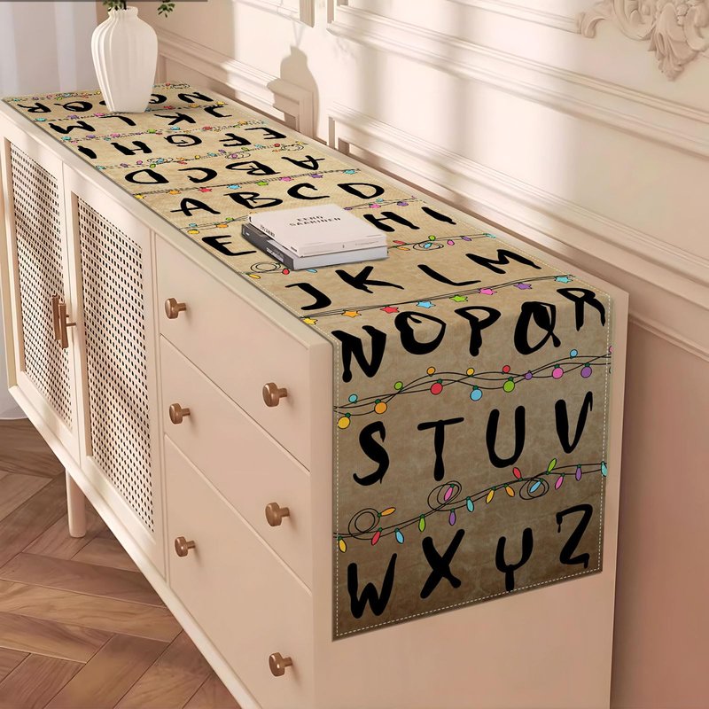 Heyfary Stranger Alphabet Table Runner Rustic Halloween Spooky Birthday Party Decorations Horror Home Kitchen Dining Room Island Decor (13" x 72")