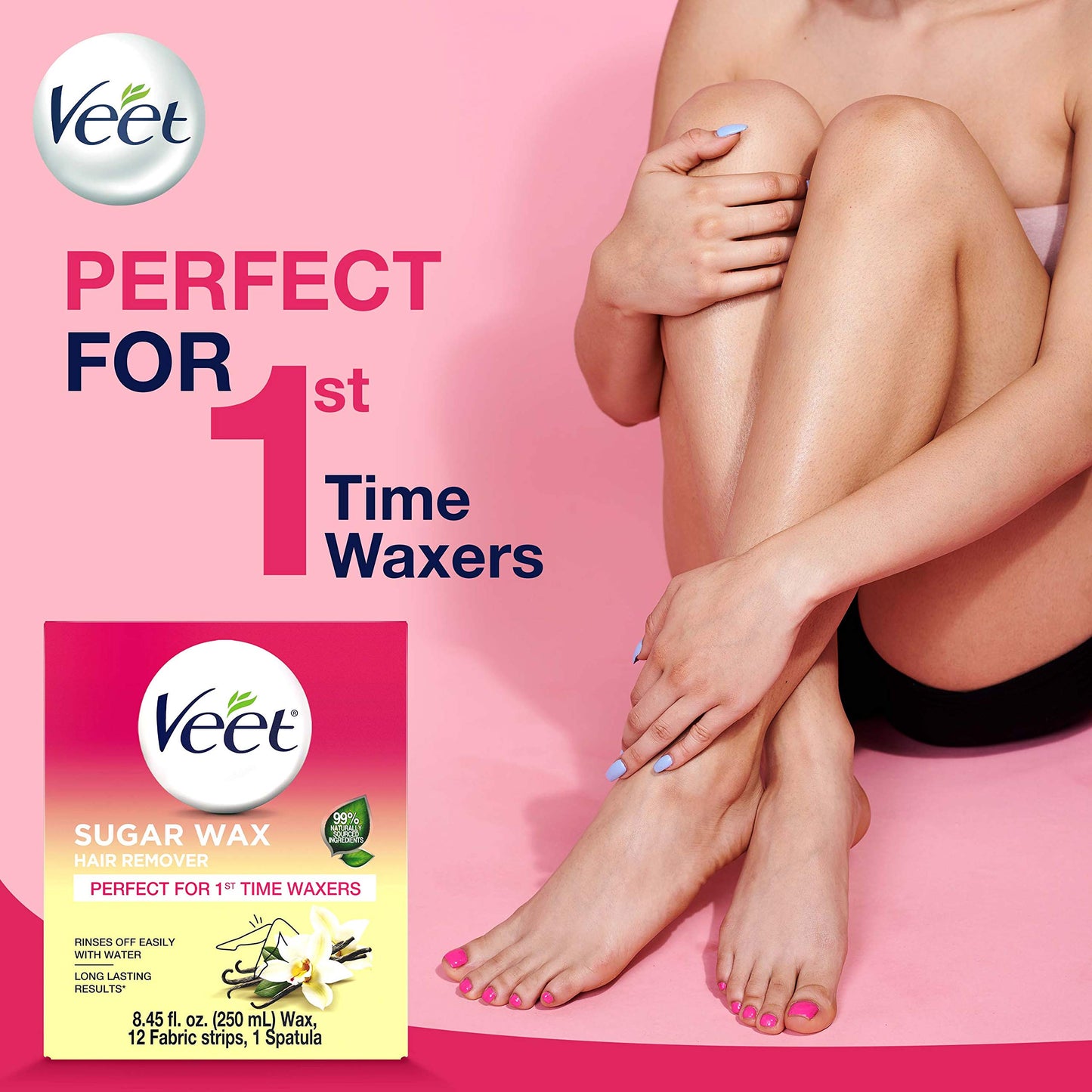 VEET Sugar Wax Hair Remover - Perfect for First Time Waxers - Contains 12 Fabric Strips & 1 Spatula with a Temperature Indicator