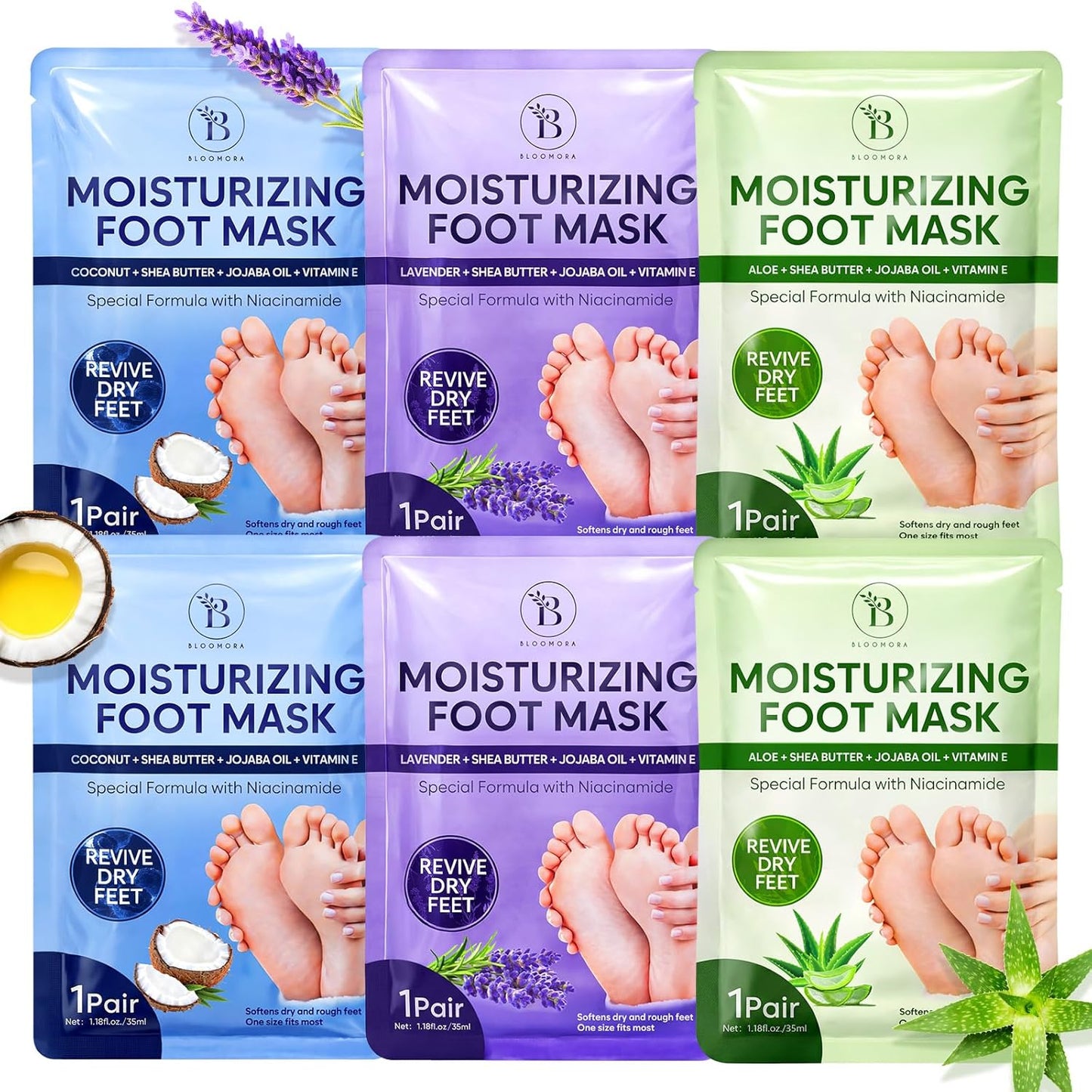 Skiennix Moisturizing Foot Mask - Hydrating & Restoring Treatment with Lavender, Shea Butter, Jojoba Oil | 6 Pack for Dry Cracked Feet