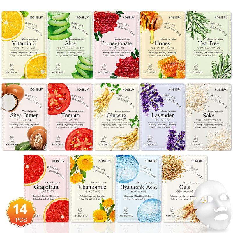 Hydrating Face Masks for Dry Skin - 14 Pack Sheet Mask Set | Perfect Spa Gift for Women