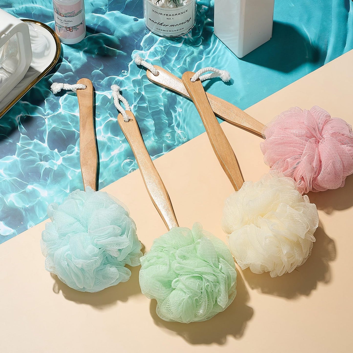 Tessco for you 12 Pcs Large Loofah on a Stick Shower Loofah with Long Handle Back Scrubber for Shower PE Body Bath Sponge Soft Spa Mesh Brush Wash Exfoliating Luffas for Men Women (Light Color)