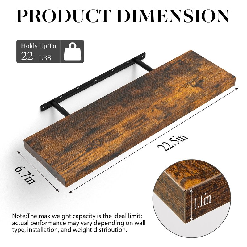 BAYKA Floating Shelves Set of 2, 22.5 inches Farmhouse Rustic Wood Wall Mounted Shelves for Bathroom, Bedroom, Living Room or Kitchen, Hanging Shelf Decor Book with 22lbs Capacity, Rustic Brown