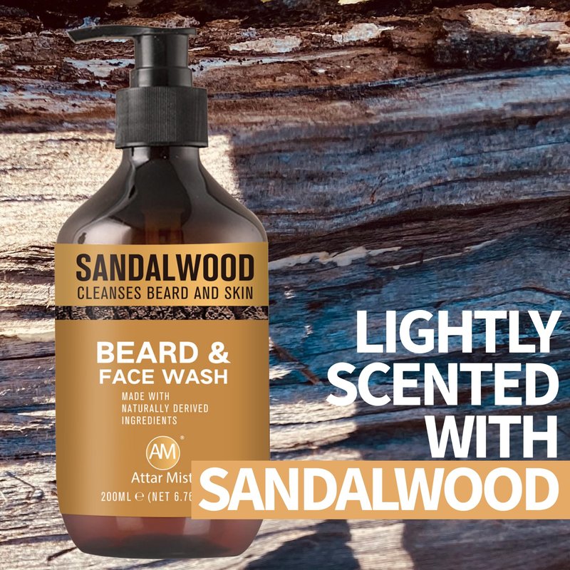 AM Beard & Face Wash - Sandalwood Scented - Gently Cleanses, Stops Itching & Flaking, Hydrates Dry Flaky Skin Under Beard - Naturally Derived Aloe Vera, Galangal, & Orange Peel - 6.76 fl oz