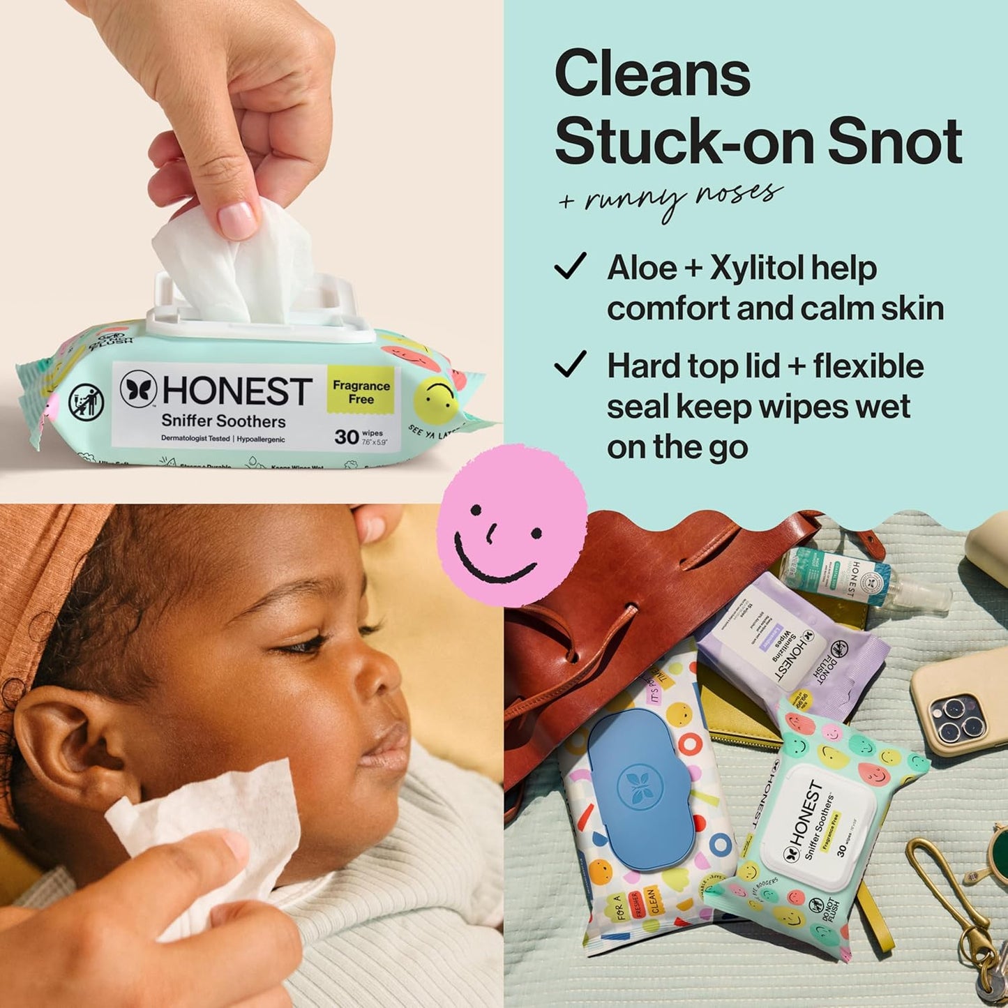 The Honest Company Plant-Based Snot Removing Wipes - Soothing Aloe Formula for Sensitive Skin | 30 Count