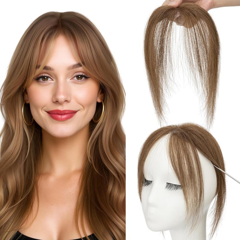 Clip-In Side Bangs Real Human Hair - Hand-Tied, Invisible Edges, Breathable Fluffy Hair Pieces | Medium Brown