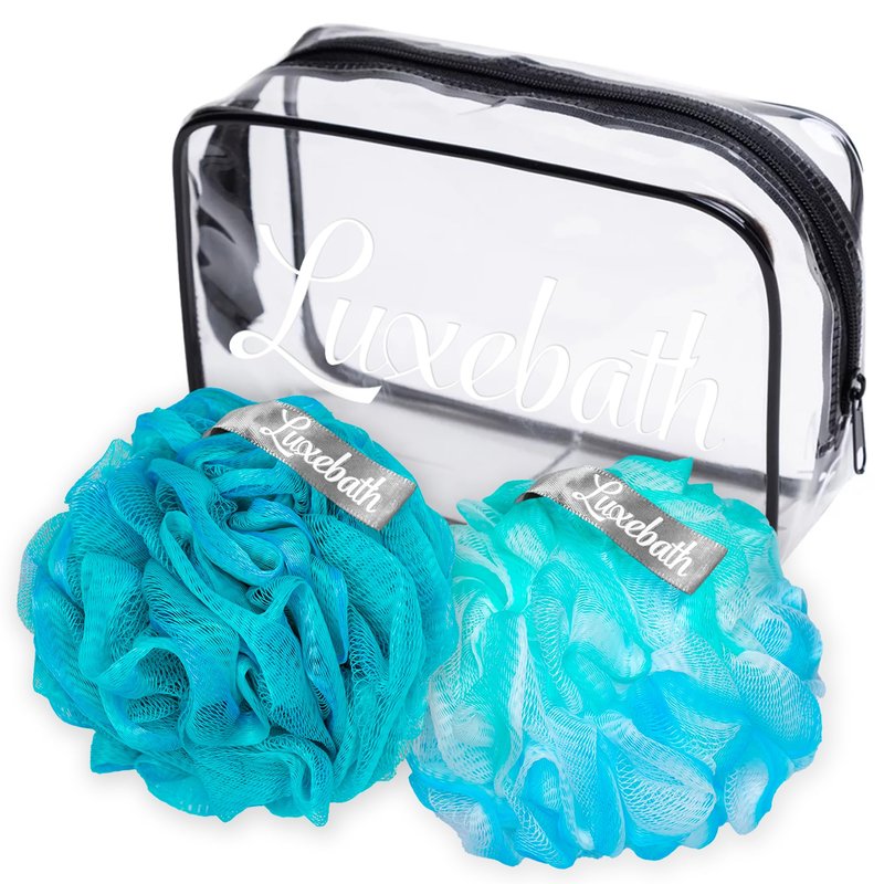Luxebath Loofah Exfoliating Body Scrubber - Shower Loofah for Women and Bath Loofah for Men - Loofah Sponge and Body Sponge - Shower Sponge with Portable Traveling Case (Blue and Green)