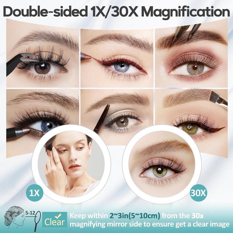 Magnifying Makeup Mirror with Light - 30X Double-Sided, Adjustable Brightness, Foldable Travel Design | 9" L x 7" W