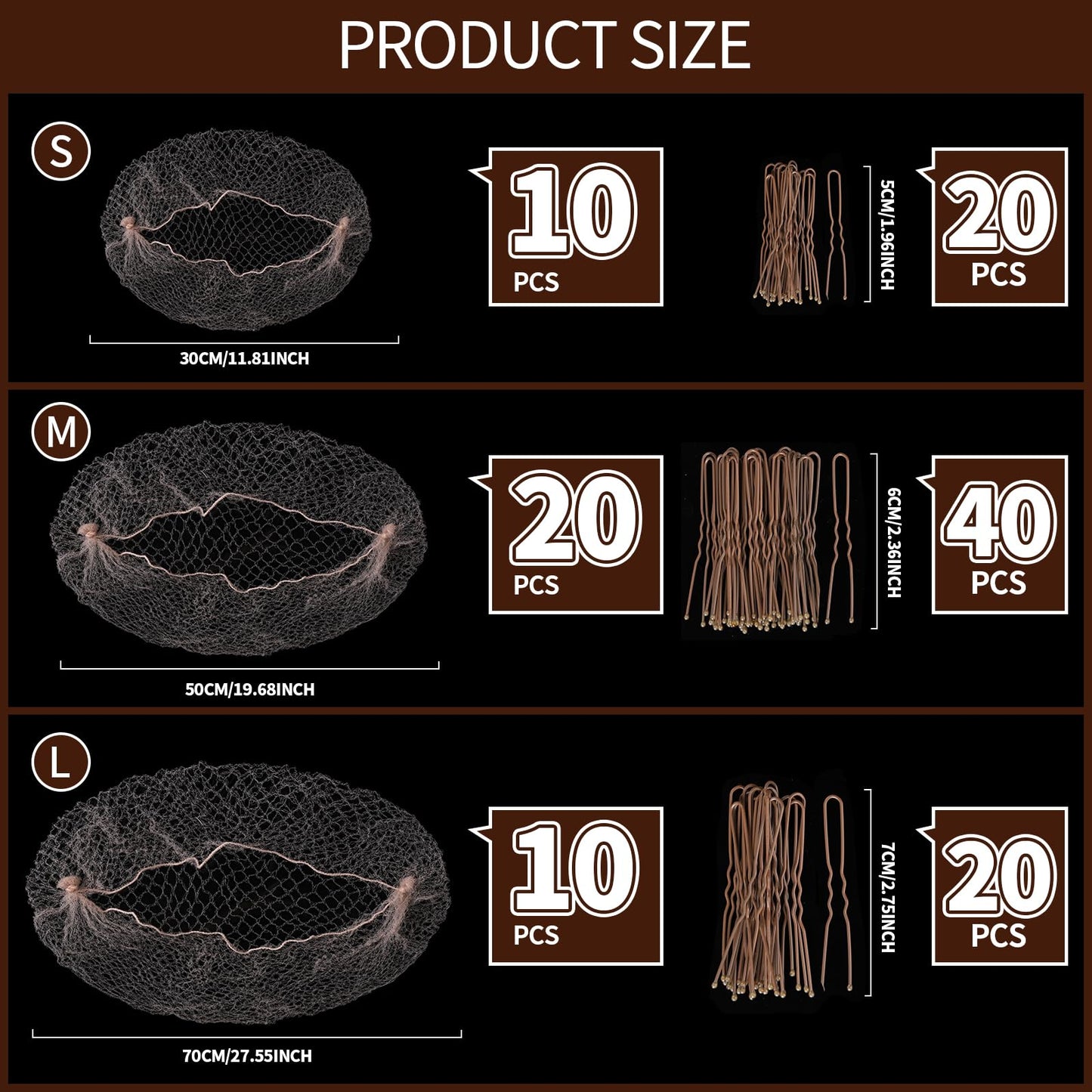 Teenitor Hair Nets For Buns, 3 Sizes Hair Bun Nets For Ballet Girls(12, 20, 28 Inch), 80pcs U Shape Bobby Pins and 40pcs Hairnets For Dance Buns Maker, Tan Brown