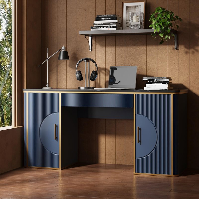 RNLRNL 60" Fluted Computer Desk, Wooden Long Home Office Writing Desk with Drawer & Storage Cabinet, Modern Writing Table with Charging Station, High Executive Desk for Office，Bedroom, Navy Blue