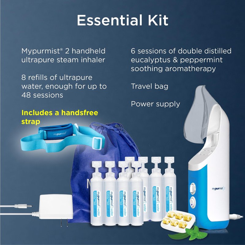 Mypurmist® Essential Kit Plus Handsfree Strap - Steam Inhaler, Personal Handheld Instant Steam - Sinus Congestion Cold Cough Relief Vocal Care Skincare (Plug-in)