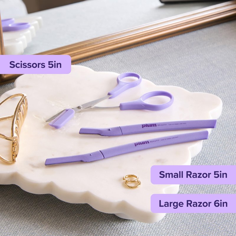 Plum Beauty Eyebrow Shaping Set – Complete 3-Piece Grooming Kit with 2 Folding Razors & Precision Trimming Scissors with Brush - Painless Brow Definition & Maintenance