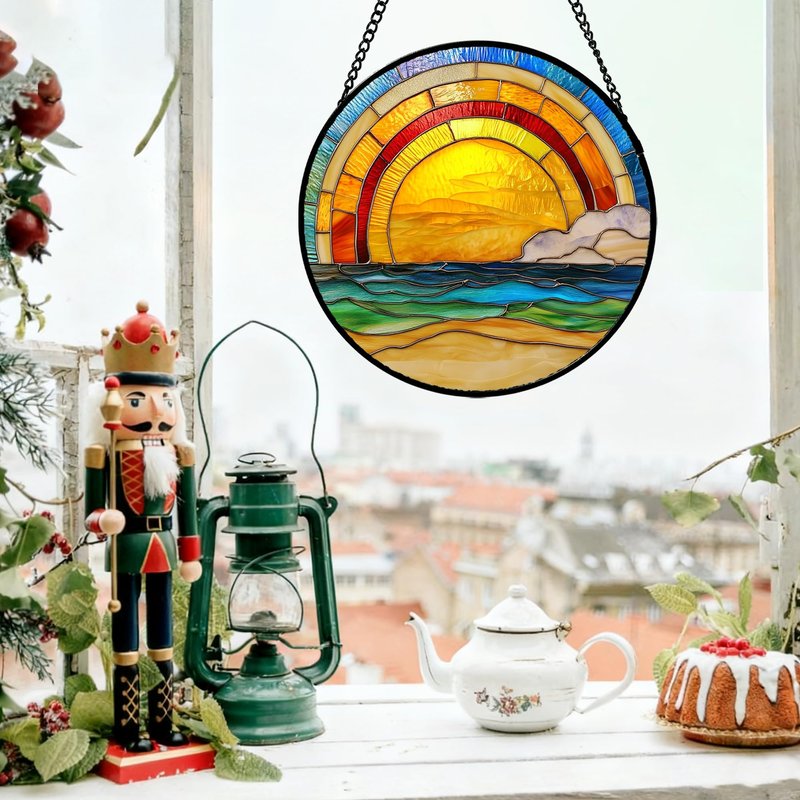 QZQCBLC Stained Glass Window Hanging Rainbow Beach Sunrise Scenery 6.3" - Waves Suncatcher Door Garden Sun Catcher Home Decor Birthday Christmas for Mom Men Woman Friends