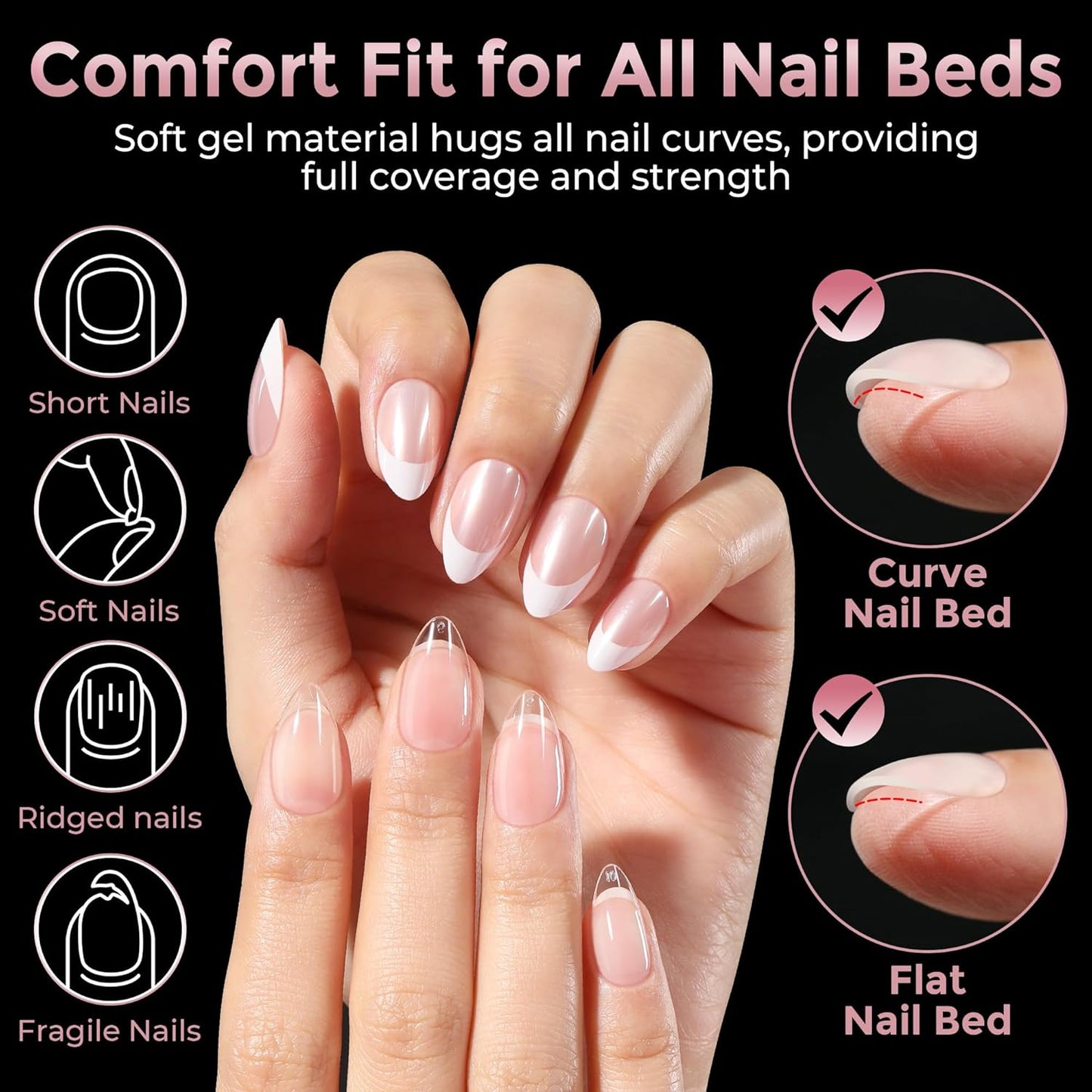 Skiennix Short Almond Nail Tips - 240pcs Soft Gel Acrylic Fake Nails | Half Matte Full Cover, 12 Sizes