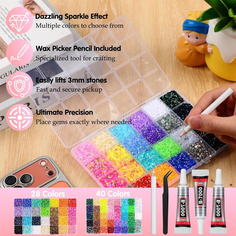 Resin Jelly Bedazzling Kit with 30000 Rhinestone,Rhinestones for Bedazzling,3mm Flatback Bedazzling Gems for Nails, 3pcs B7000 Rhinestone Glue,Crafting, Clothes,Bedazzler Kit for Adults, Kids,DIY