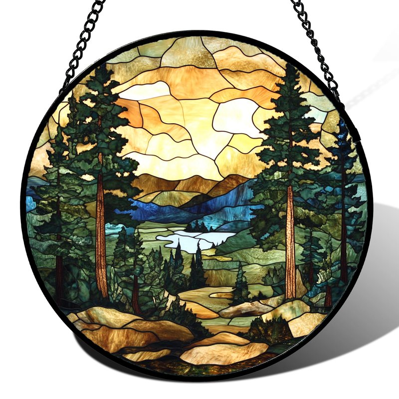 GEFOS Stained Glass Window Hanging Forest Lake Mountain Sunset 6.3" - Suncatcher Door Garden Sunroom Sun Catcher Home Decor Birthday Christmas for Mom Men Woman Nana Friend