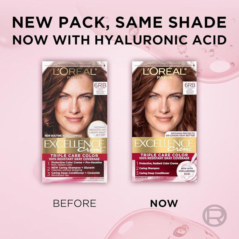 L'Oreal Paris Hair Dye - Excellence Crème Permanent Color with Hyaluronic Acid for 100% Gray Coverage | 6RB Light Reddish Brown, 1 Kit