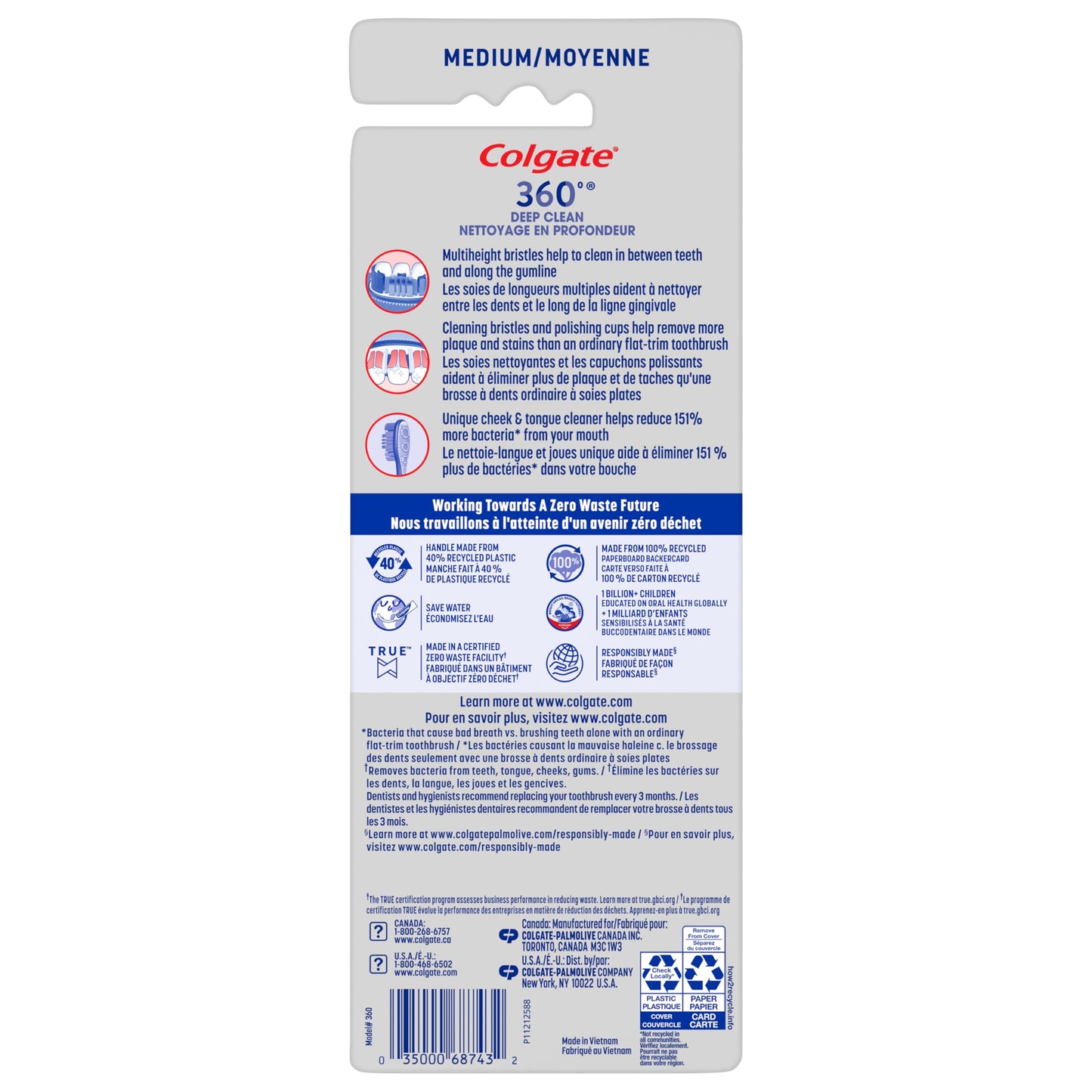 Colgate 360 Whole Mouth Toothbrush, Adult Toothbrushes Medium Bristles, Helps Remove Bad Breath Bacteria and Plaque, Medium Toothbrush Pack, Includes Cheek and Tongue Cleaner, 4 Pack