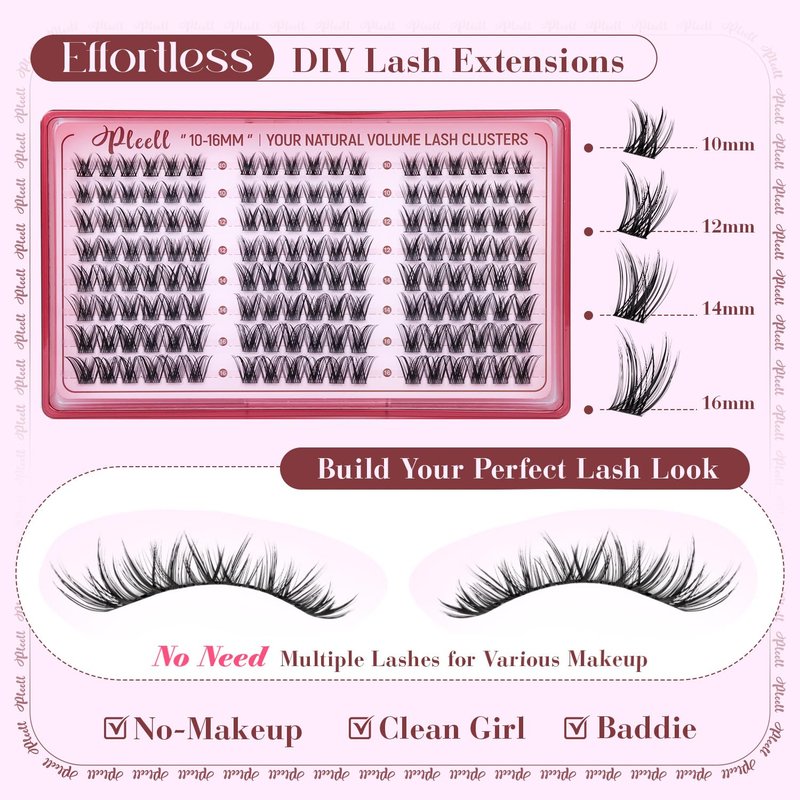 Pleell Lash Clusters Wispy Eyelash Clusters 10-16mm DIY Natural Lashes Clusters Fluffy Cluster Eyelash Extensions C Curl Individual Lashes with Soft Thin Band