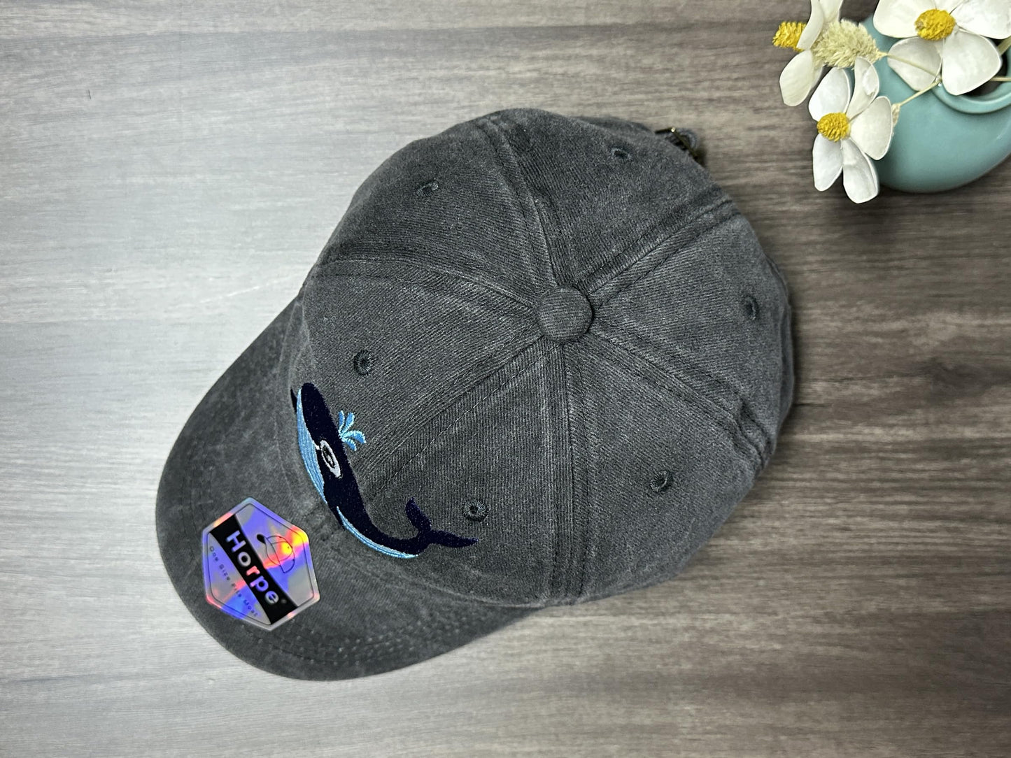 Horpe Whale Fish Baseball Cap for Kid, Ocean Animal Themed Gift for Child, Sea Creature Hat for Boys and Girls, Adjustable Embroidered Washed Black Hat