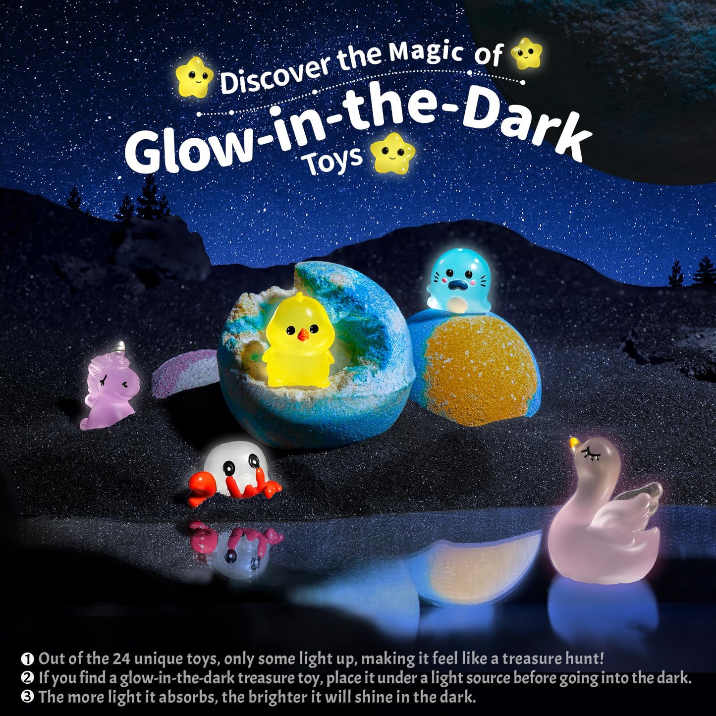 SudsyRoar Bath Bombs for Kids with Surprise Inside – 24 Pack Handmade Bath Bombs with Glow-in-the-Dark Land & Sea Toys, Fizzy Bath Salt Balls, Birthday Party Favors for Boys and Girls