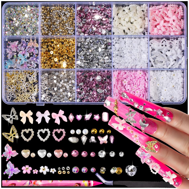 Nail Charms & Gems Kit - 10,000 Pcs Pink Bow, Heart & 3D Flower Charms | Gold Butterfly & Rhinestones for Nail Art