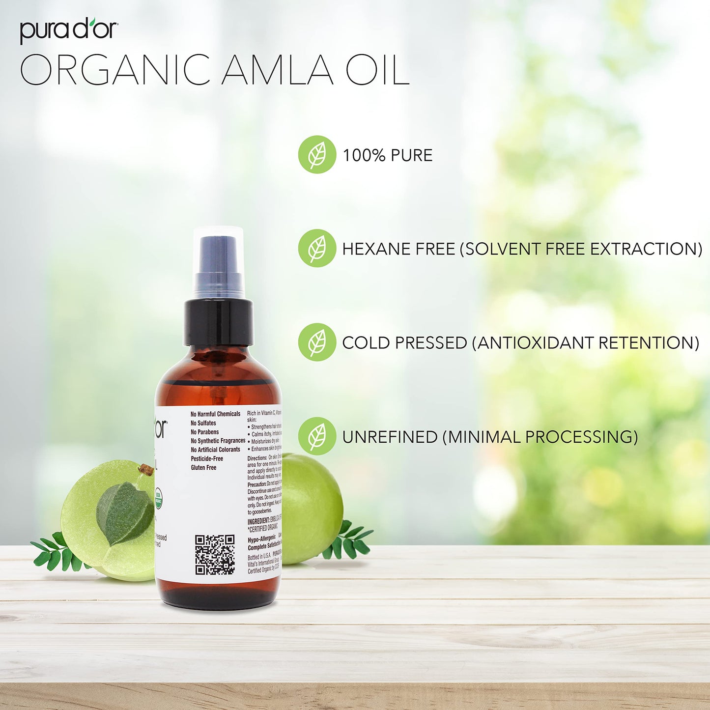 PURA D'OR 4 Oz ORGANIC Amla Oil, 100% Pure USDA Certified Premium Grade, Cold Pressed, Unrefined, Extra Virgin, Hair Serum & Thickening Hair Product w/Pump for Women & Men, Ayurvedic Skin Care
