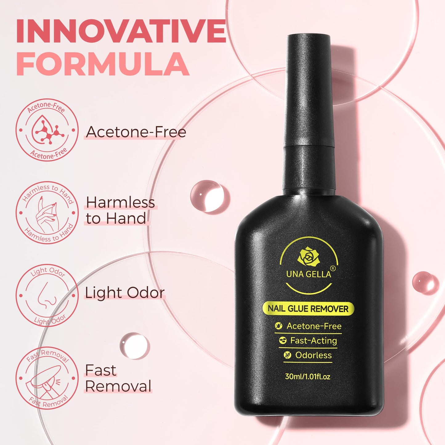 UNA GELLA Press On Nail Glue Remover Built-in-crowbar 30ML Acetone-Free Gentle Soak Off Gel Nail Glue Polish Remover for Nail Tip Adhesive Glue Easily Home DIY Not for U/V Nail Polish