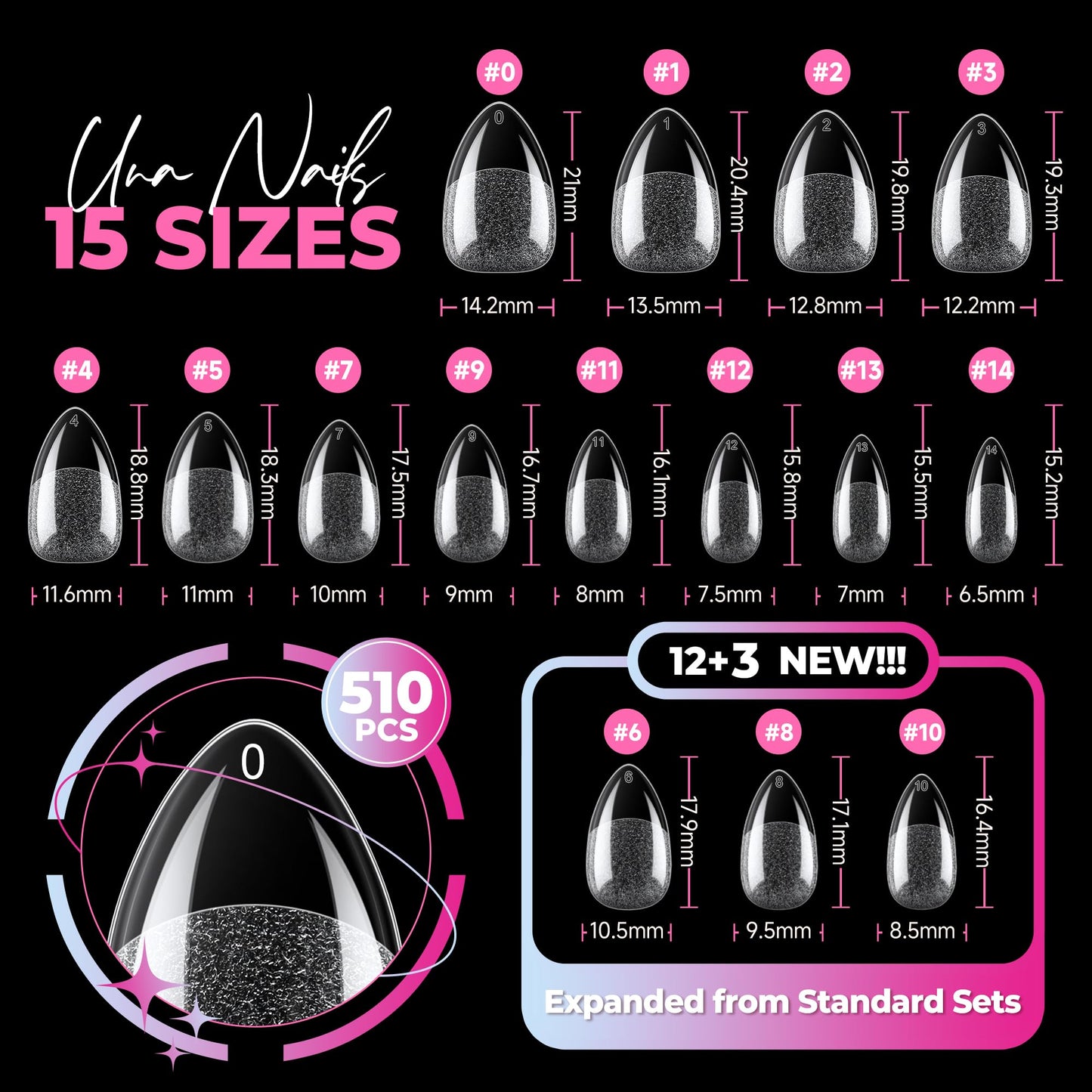 UNA GELLA Short Almond Nail Tips, 510Pcs 15 Sizes Pre-Etched Soft Gel Nail Tips Almond Shape, Half Matte Full Cover Clear Pre-shaped Fake Acrylic Nails Extensions for DIY & Salon Manicure Soak Off