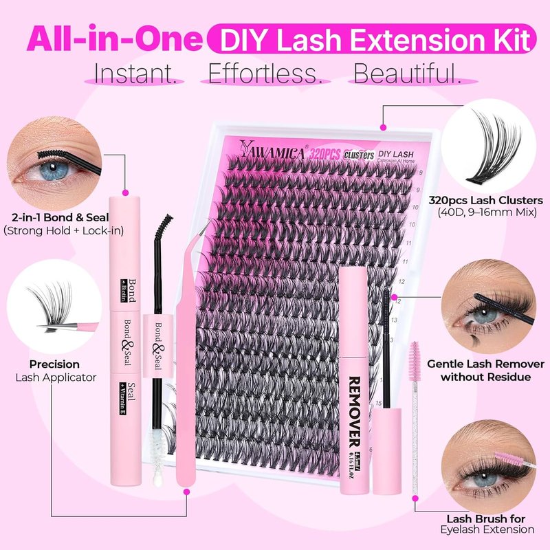 Eyelash Clusters Kit - 320pcs D Curly 9-16mm Individual Lashes | Wispy Extensions with Bond, Seal & Applicator for Beginners