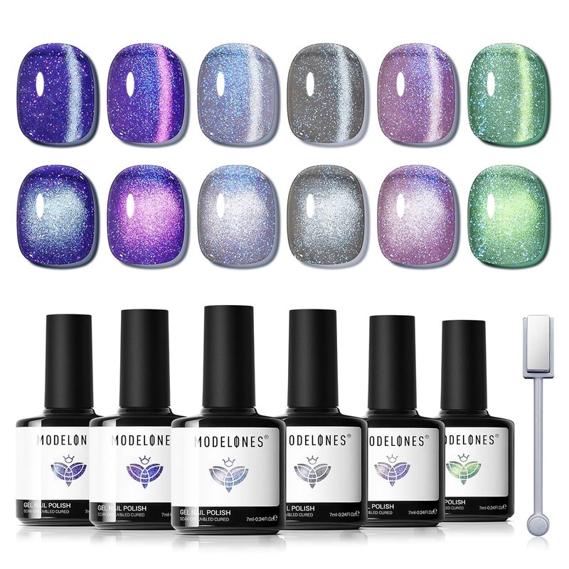 Modelones Cat Eye Gel Nail Polish Set - 6 Colors Aurora Galaxy Pearlescent | Soak Off LED Nail Art Kit