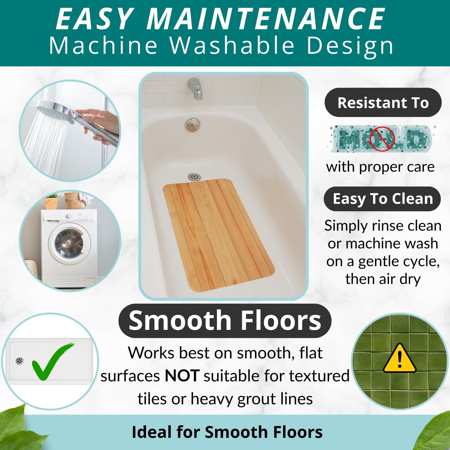 ENKOSI Bath Mat for Tub and Shower Floors - Non Slip Shower Mat – Anti Slip Bathtub Mat with Strong Suction Cup Grip – Soft, Wood Design Bathroom Mat for Inside Bath and Showers (28x16 Wood Teak)
