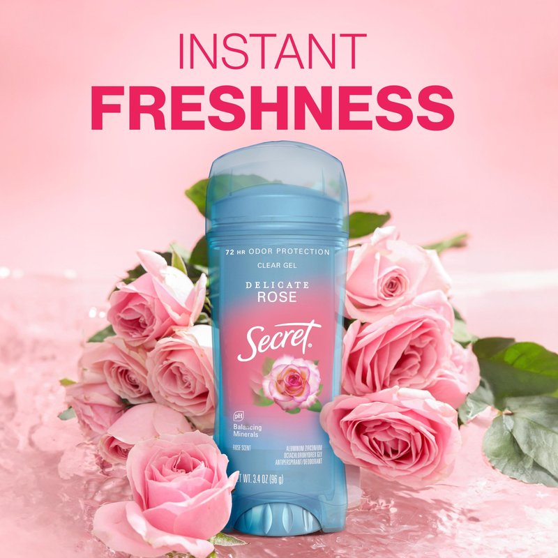 Secret Fresh Antiperspirant Deodorant for Women, 72hr Breathable Sweat & Odor Protection, Instant Freshness & Gentle, PH Balancing Minerals, Clear Gel, Delicate Rose Scent, 3.4 oz
