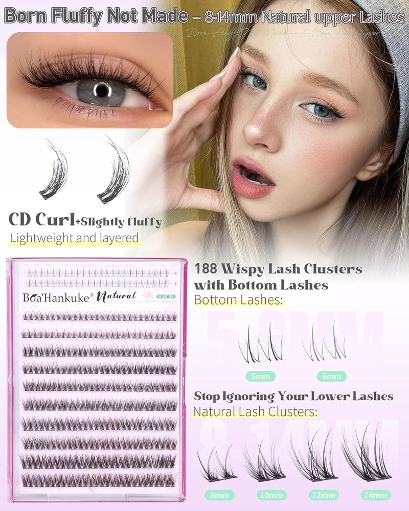 Natural Short Lash Clusters with Bottom Lashes 8-14MM Wispy Eyelash Clusters Spider Cluster Eyelash Extensions Ultra Lightweight Cluster Lashes for Everyday Wear C Curl Individual Lashes for Beginners