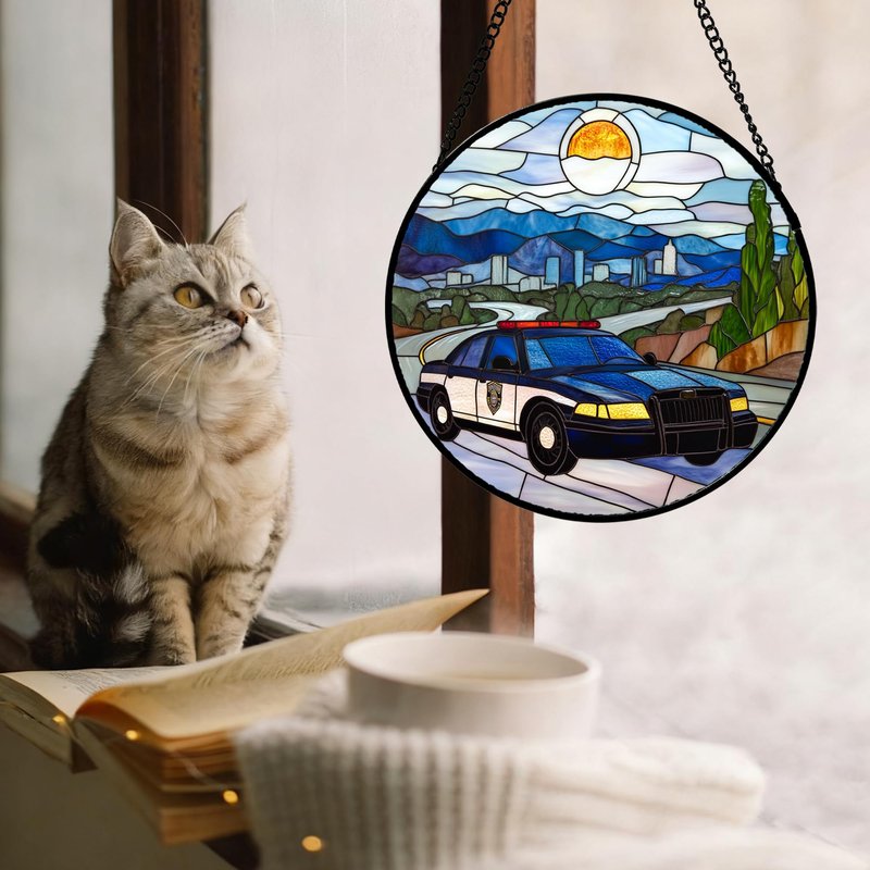 QZQCBLC Stained Glass Window Hanging Blue White Sunset Police Car 6.3" - Suncatcher Door Garden Sun Catcher Home Decor Birthday Christmas for Mom Men Woman Wife Friend Nana