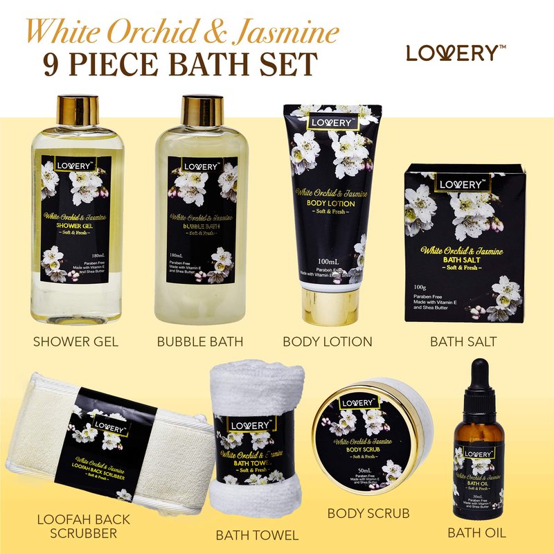 Mothers Day Gift Basket for Mom, Bath and Body Gift Basket for Women and Men – Orchid & Jasmine Home Spa Set With Body Scrubs, Lotions, Oils, Gels and More - Care Package for Women & Men - 9 Piece Set