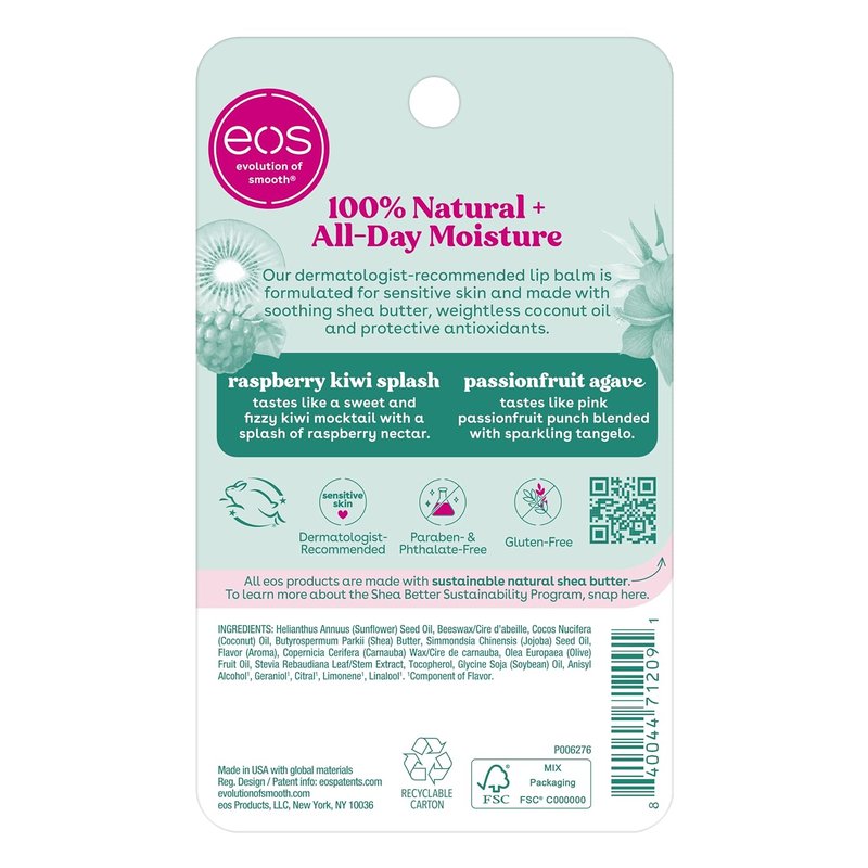 EOS Natural Lip Balm - Raspberry Kiwi Splash & Passionfruit Agave | All-Day Moisture, 0.14 oz, 2-Pack