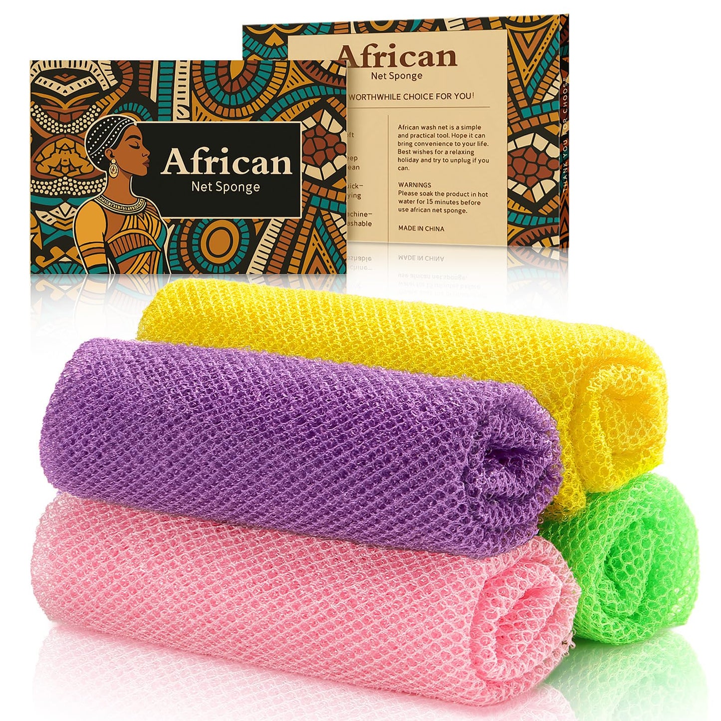 SpiralScgv 4-Pack Authentic African Net Sponge - Exfoliating Body & Face Scrubber, Travel Portable, Durable & Gentle Exfoliation(Yellow,Pink,Purple,Green)