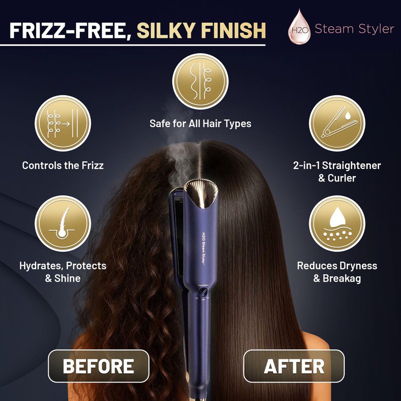 H2O Steam Styler Ultimate Steam Hair Straightener & Curler, Salon Results Frizz Control, Shine & Hydration, Infrared Heat & Ion Therapy for All Hair Types (Slim - 1.2")